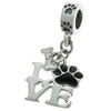 925 Sterling Silver Love Puppy Paw Print Bone Black Enamel