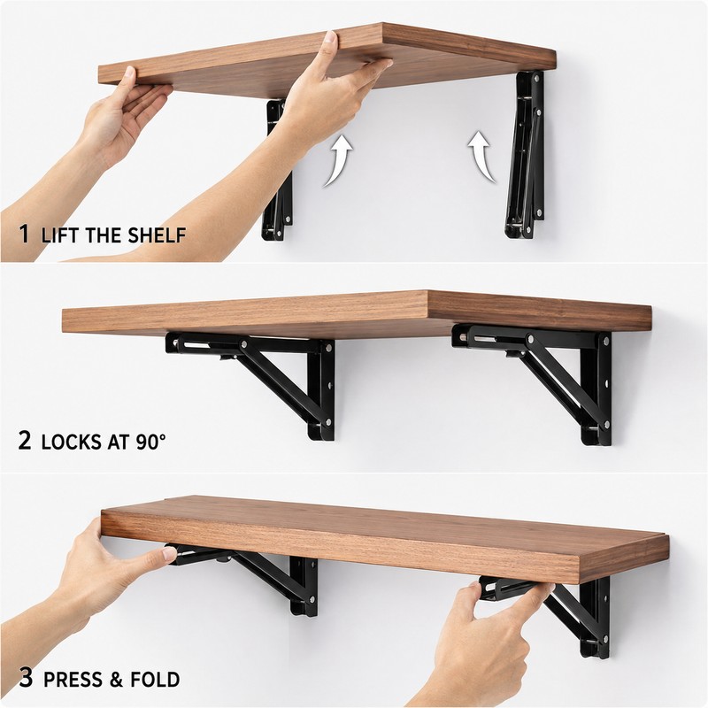 2-Pack Folding Shelf Brackets with 90° Lock & Press-to-Fold Design