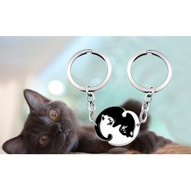 Uloveido Cute Black and White Cat Keychains Set for Couples, Puzzle Matching Animal Keyring for Boyfriend Girlfriend (Round-black)