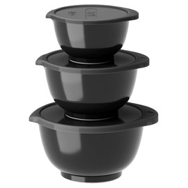 Rosti Margrethe Bowl Set, Mixing Bowl Set, 6 Pieces with 3 Mixing Bowls and 3 Lids, Made of Recyclable Plastic, 0.25 Litres, 0.5 Litres and 0.75 Litres, Black Edition (Black)