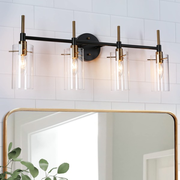 Durent Lighting Bathroom Light Fixtures, Farmhouse Black Gold Vanity Lights Over Mirror, 4-Light Bathroom Lighting with Clear Glass Shades