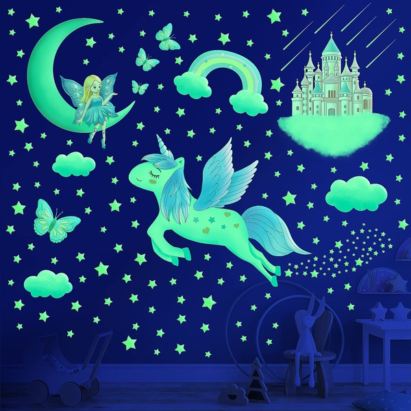 Unicorn Rainbow Wall Stickers Glow in The Dark Wall Stickers for Bedrooms for Girls Unicorn Wall Decals Kids Toddler Wall Stickers Living Room Playroom Nursery Wall Decor