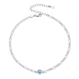 925 Sterling Silver Simulated March Birthstone Inlaid Figaro Chain Ankle Bracelet for Women Girls