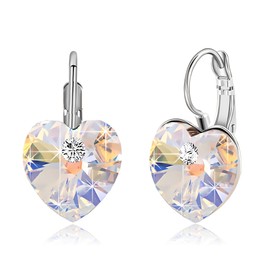 Austrian Crystal Heart Drop Leverback Earrings for Women 14K Rose Gold Plated Hypoallergenic Jewelry (Aurora Borealis/Silver-tone)