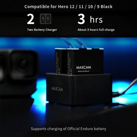 GoPro HERO12 / 11 / 10 / 9 Enduro ブラック用MAXCAM デュアルバッテリー充電器 Type-C USBケーブル付き