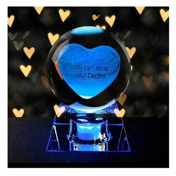 Ich Bin stolz auf Dich 3D Crystal Ball with LED Colourful Night Light Base, Crystal Ball Heart Gift for Children Girls Boys Friends Lovers Girlfriend Wife Mother Wife Birthday Christmas
