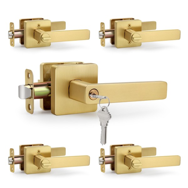 LOQRON Square Keyed Entry Door Lever, Brushed Gold Heavy Duty
