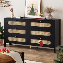 DWVO Natural Rattan 6 Drawer Dresser-Wooden Black Boho Double Dresser Chest of Drawers with Golden Handles-Modern Large Closet Dressers Storage Cabinet for Living Room/Hallway/Entryway