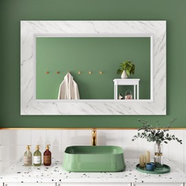 Wallercity White/Grey Marble Contact Paper Mirror Borders Peel and Stick Wallpaper Border Sticker for Bathroom Mirror Frame Decor Vinyl Waterproof Marble Border Contact Paper for Kitchen Bedroom