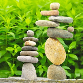 BestNest Ancient Graffiti Stone Cairns Set, 2-Piece Stacked Rock Sculptures with Metal Rod Support, 10" & 14" Garden Stone Towers for Zen, Japanese, or Wabi-Sabi Décor, Indoor Outdoor Home Ornament