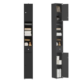 Haotian Bathroom Tall Cabinet with 1 Drawer, 2 Doors and Adjustable Shelves, Bathroom Shelf, Narrow Storage Cabinet with Open Compartments, Black BZR34-SCH