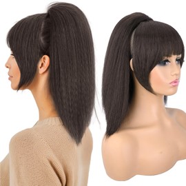 Rafabcici Ponytail Extension with Bangs for Black Women Yaki Straight Drawstring Ponytail with Bangs for Women Synthetic Hairpieces 16 inch Clip in Ponytail Extension for Daily Use(Dark Brown)