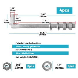 [Pack of 4] 12" J-Bolt Gate Hinges,J Bolt Hinge with 5/8" Hinge Pin，Galvanized Post Gate Hinge for Chain Link Fence, J Bolt Chain Link Fence Gate Handware，Nuts & Washers Included.