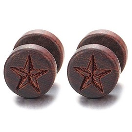 10MM Men Women Star Wood Screw Stud Earrings, Steel Cheater Fake Ear Plugs Gauges Illusion Tunnel(CA)