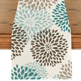 Grey Green Dahlia Summer Table Runner, Washable Flowers Table Runner, Spring Summer Autumn Kitchen Decoration Indoor Holiday Party Table Decoration for Wedding, Birthday, Garden Party, 40 x 180 cm