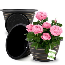 KPUVX12 inch pots for Plants, 3 Pack Large-Planter-Indoor-Outdoor,Plastic Flower Pots with Saucer and Drainage Holes, Retro Antique Imitation Decorative Garden Containers Sets for Houseplant(Gold)