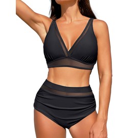 Suvimuga Women High Waisted Bikini Set Mesh Tummy Control Bathing Suits V Neck Ruched Two Piece Swimsuits Black L