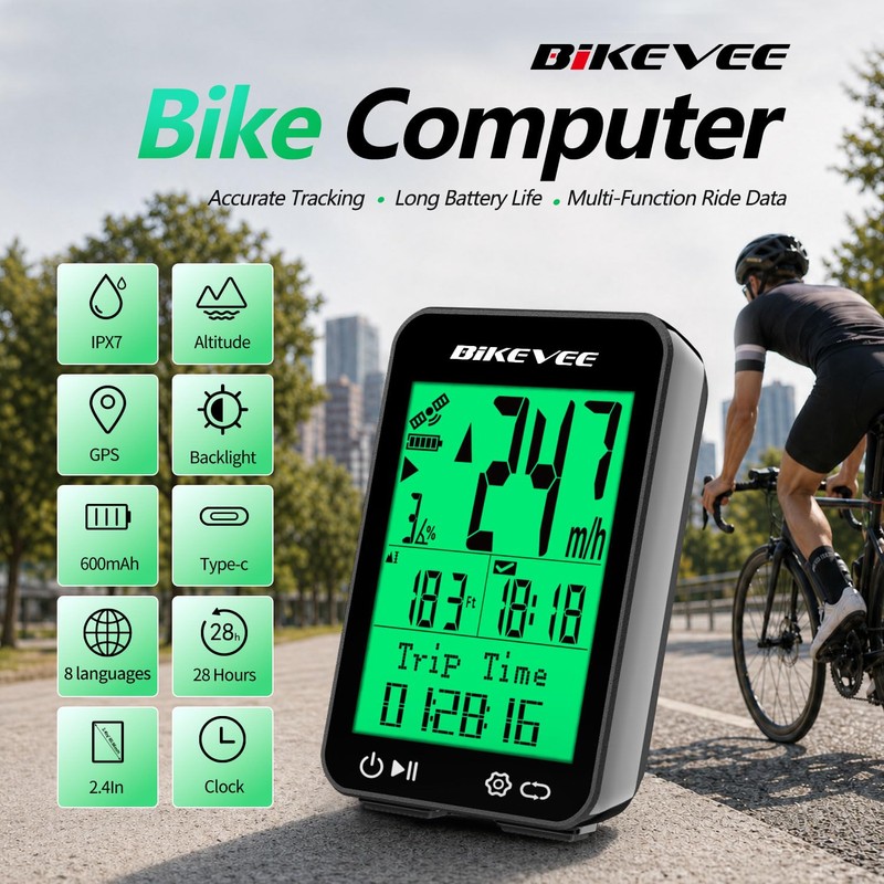 Bikevee GPS Bike Computer, 2.4" Display, IPX7, 8 Languages, Green