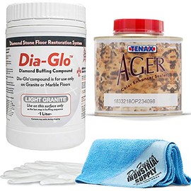 Dia-Glo (Diaglo) Light Granite 1QT, Stone Granite Floor Polishing Compound - Tenax AGER 1/4 Liter - 16x16 Microfiber Cloth - Gloves - Bundle - 4 Items