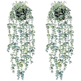 2 Pack Artificial Hanging Plants with Pot, Fake Hanging Plants, Fake Plant Potte, Artificial Eucalyptus Plant, Faux Eucalyptus Potted for Office Living Room Home Wall Shelf Balcony Bathroom Decor