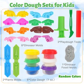 Dinosaur Play Dough Tools for Kids, 20 Pieces Dinosaur Playdough Toys with 8 Dino Molds, 2 Plants Molds, 6 Cans Dough, Dough Extruder