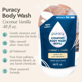 Puracy Puracy Body Wash Refill, Natural Body Wash, 98.6% Pure Plant Ingredients, Moisturizing Shower Gel for Women Men Kids, Body Soap for Dry Sensitive Skin. Gently Scented with Coconut & Vanilla, 48 Ounce