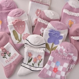 Lovely Flower Frill Daily Socks - 10 Pair Set No-Show Look Pink Peach / FREE 2ea