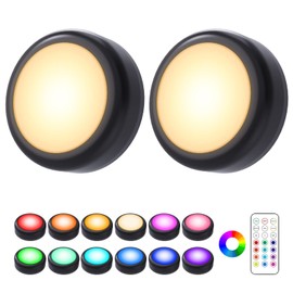 Cadrim Puck Lights, 2 Pack 13 Colors Changeable LED Puck lightings Battery Powered Dimmable Under Cabinet Lights, Battery Powered Under Counter Lights with 1 Wireless Remote Controls, Black