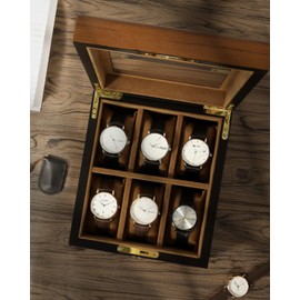 Uten Watch Box with 6 Slots, Watch Case Organizer with Golden Lock and Key, Wooden Watch Display Storage Box with Removable Watch Cushions, Velvet Lining, Metal Clasp