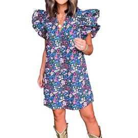 hibshaby Women's Floral Babydoll Mini Dress V-Neck Ruffle Sleeve Cute Dress Sundress