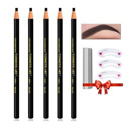 5PCS Waterproof Eyebrow Pencil Set – Microblading Tattoo Makeup Kit with Stencil for Marking, Filling, and Outlining Brows - Color: Dark Brown