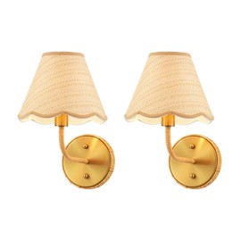 ELYCCUPA Elycucpa Boho Hand Woven Rattan Wall Sconces Set of Two Rustic Industrial Wall Lamp Brass Farmhouse Wall Lights for Bedroom Living Room Hallway Vanity, Dia 11”, UL Listed