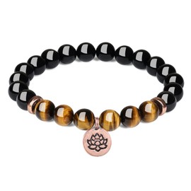 COAI Lotus Charm Black Tourmaline Tiger Eye Stone Womens Bracelet