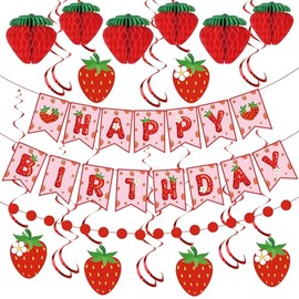 Berry First Birthday Party Decorations – Strawberry Theme Banner, Hanging Swirls, Honeycomb Balls – 12PCS Complete Set – Pink & Red – Baby Shower, Fruit Party Decor