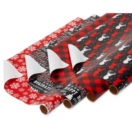 American Greetings Christmas Wrapping Paper Set with Cut Lines, Red, Black and White, Plaid, Reindeer and Snowflakes (4 Rolls, 7 Bows, 30 Gift Tags, 120 sq. ft.)
