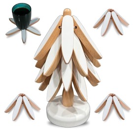 Wooden Trivets for Hot Dishes, Tree Trivet Set, Stackable Tree Coasters for Hot Dish, Pot, Bowl, Teapot, Includes 4 Trivets, 1 Stand, and 4 of Choice (White/Natural Wood)