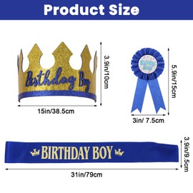 Classicseali 3pcs Birthday Boy Sash,Birthday Boy Badge, Birthdays Sash and Tiara Set, for Boys Theme Party Decoration Supplies, Blue