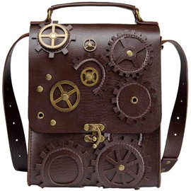 Ro Rox Phineas Steampunk Shoulder Bag Gears Pendant Faux Leather, brown
