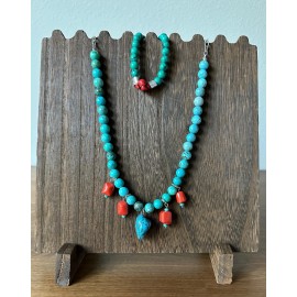 Handmade Turquoise Blue/ Red Bead Necklace & Bracelet Set, Stone pendant