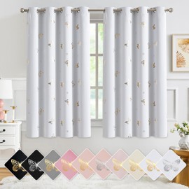 Jubilantex Metallic Butterfly Blackout Curtains 54" Long for Small Window Greyish White and Gold Print Butterfly Curtains Energy Saving Grommet Top for Bedroom Girls Room,52 W