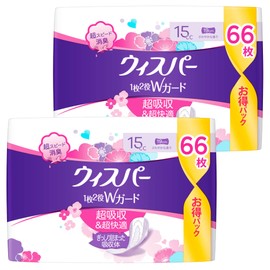 Whisper 2-in-1 W Guard, 5.9 fl oz (15 cc), 7.5 inches (19 cm), 132 Sheets (66 Sheets x 2 Packs) (Panty Liner, Absorbent Care, Urine Leak Pad)