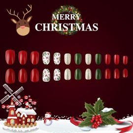 24Pcs Red&Green Press on Nails Oval Christmas Gold Glitter Fake Nails Short Acrylic Nails Kit with Christmas Fruit Design Full Cover Autumn Winter False Nails Artificial Glue on Nails for Women