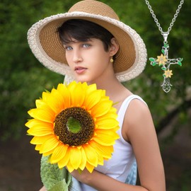 MOONMORY Cross Necklace for Women, S925 Sterling Silver Sunflower Necklace For Women with Dainty Religious Flower Pendant Christian Birthday Jewelry Gift for Women,Teen Girls (Small Sunflower)