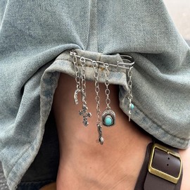 Vintage Turquoise Tassel Brooch for Women Unisex Punk Cowboy Hat Boot Y2K Safety Shawl Jeans Pants Pins Bohemian Lucky Horseshoe Cross Statement Accessories Jewelry