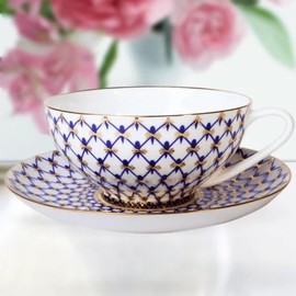 Lomonosov Porcelain Tea Cup and Saucer Cobalt Net Bone China 10 oz/300 ml