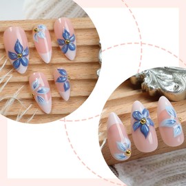24Pcs French Tip Press on Nails Medium Almond Fake Nails with 3D Blue Flower Design Summer French Nails Acrylic False Nails Artificial Glue on Nails Glossy Full Cover Stick on Nails for Women