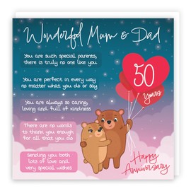 Hunts England - Mum And Dad 50th Anniversary Card - Starry Night - Cute Bears - Verse 50th Anniversary Card For Mum And Dad - Happy 50th Anniversary Poem Card For Parents