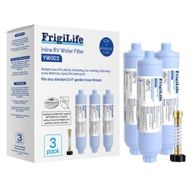FrigiLife RV Water Filter, NSF/ANSI 42, for RVs Marines, Boats, Campers, for Drinking, Washing, Gardening, Camping, Planting, Spa, Reduces Chlorine, Bad Taste Odor with Hose Protector, 3PACK