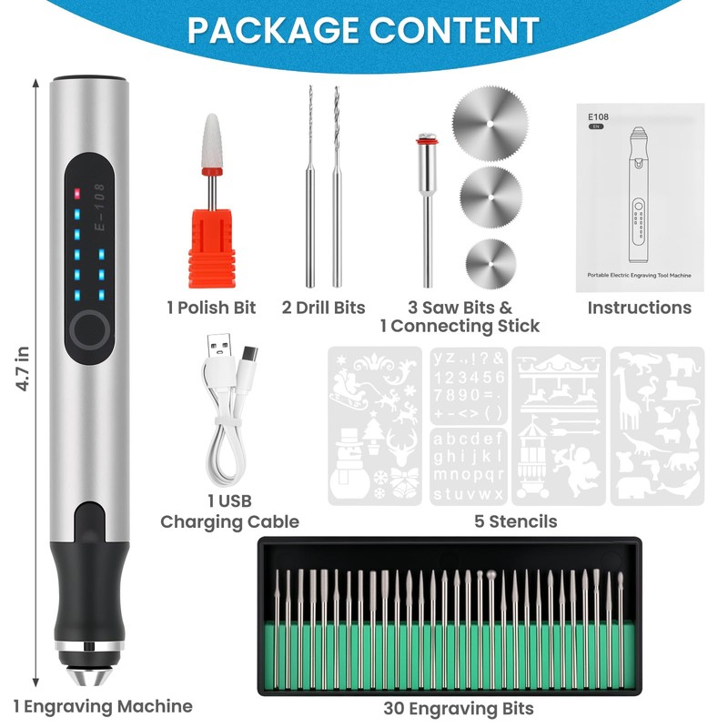 Electric Engraving Pen with 37 Bits, USB Rechargeable Cordless Etching