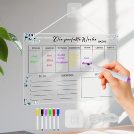 Weekly Planner, Wipe Clean, Acrylic Food Planner for Household, 30 x 20 cm, Family Planner with 6 Whiteboard Pens, Household Planner for Hanging, To Do List for Household in German